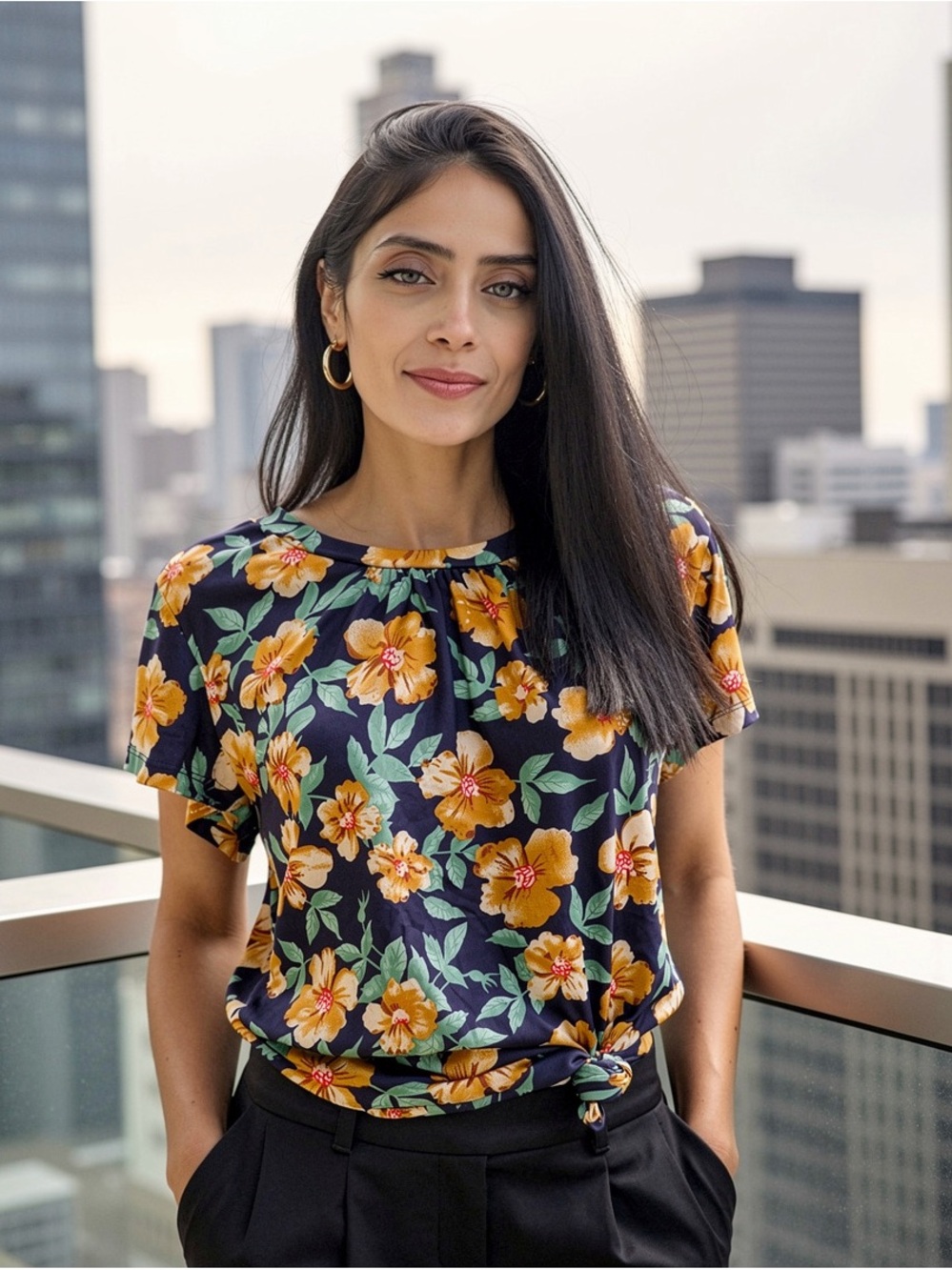 Navy Floral Short-Sleeve Knot Front Blouse - Yellow Floral Print
